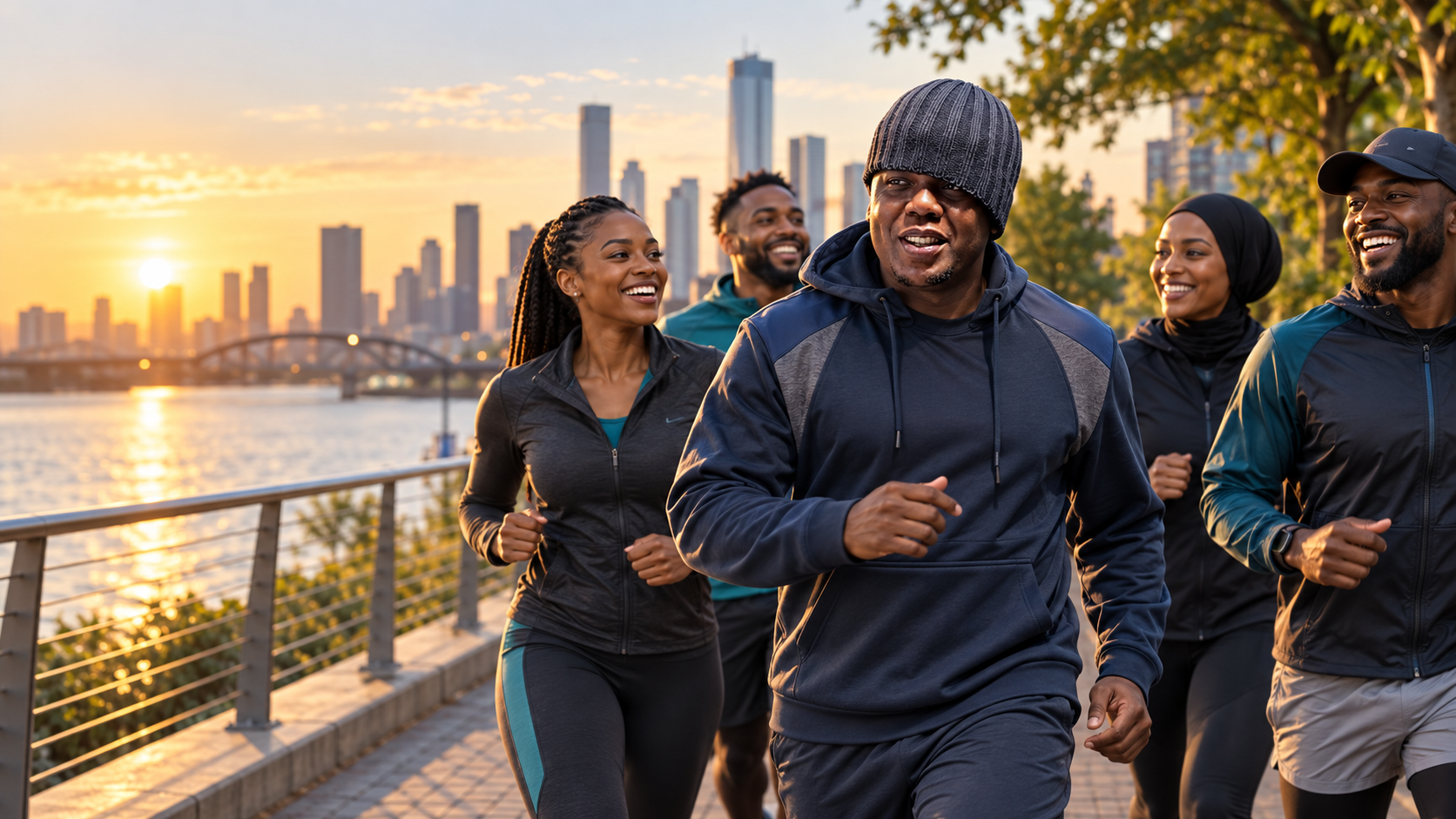 Friends enjoying a sunrise run beside the river