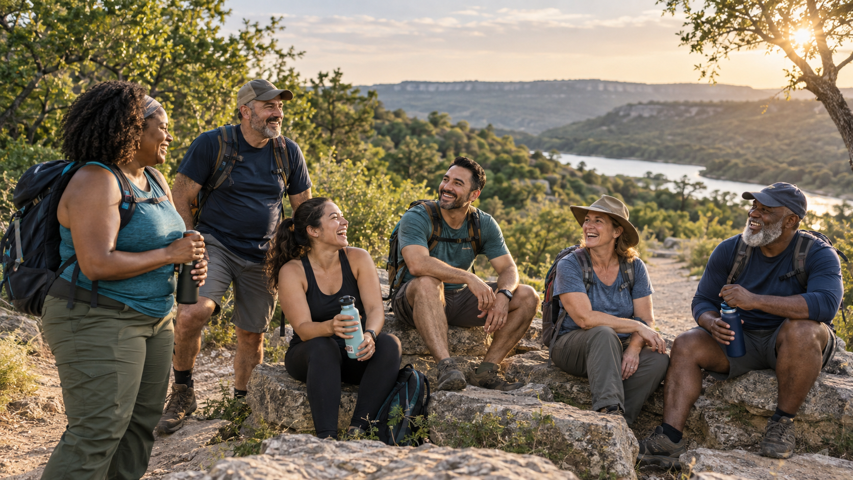 A diverse hiking group relaxing at a scenic overlook